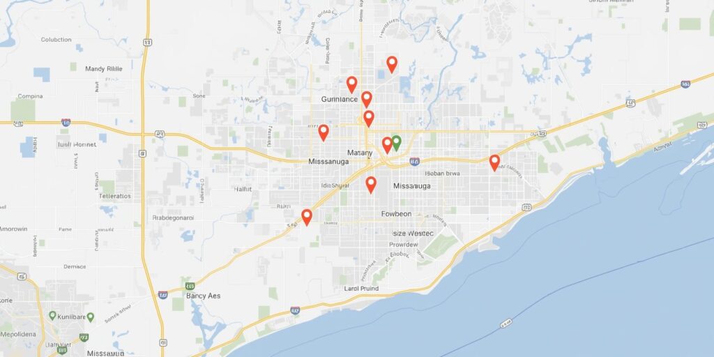 Visual Prompt_ A map of Mississauga with Indian restaurant hotspots highlighted for context.